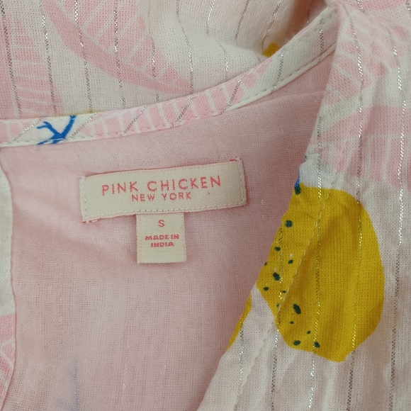 Pink Chicken Lemon Print Halsey Mini Dress Size S Women Tie Waist Metallic - Picture 8 of 13